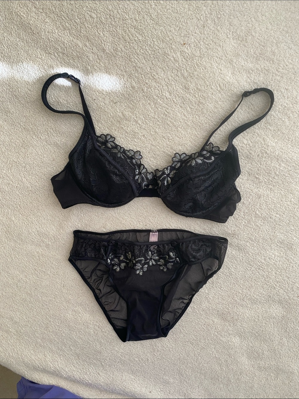 Victoria's Secret Black Floral Lace Underwire Bra & Bikini Set
